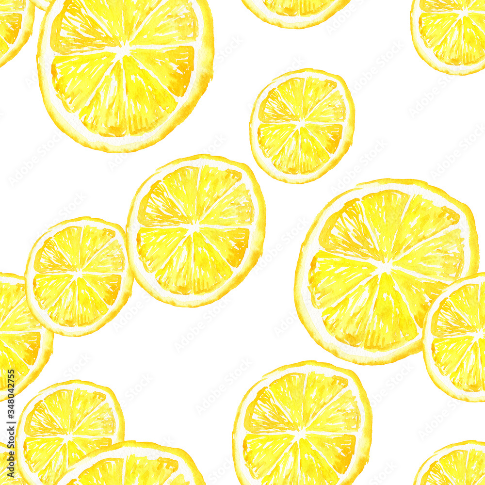 Seamless pattern of lemon slices illustration on white background.  Hand drawn and brush paint watercolor.