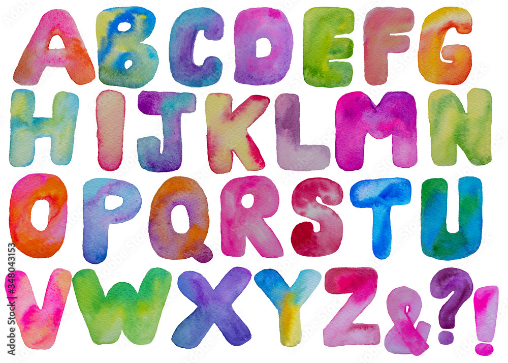 Multi color bubble fonts, hand drawn paint on paper. Watercolor illustration, each alphabet isolated on white background. Education, children concept. Multi color bubble fonts, hand drawn paint on paper. Watercolor illustration, each alphabet isolated on white background. Education, children concept.