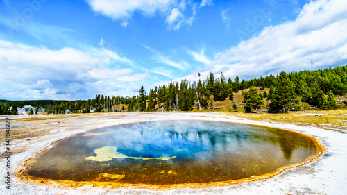 The colorful minerals in the Beauty Pool in the Upper Geyser Basin along the Continental Divide Trail in Yellowstone National Park, Wyoming, United States