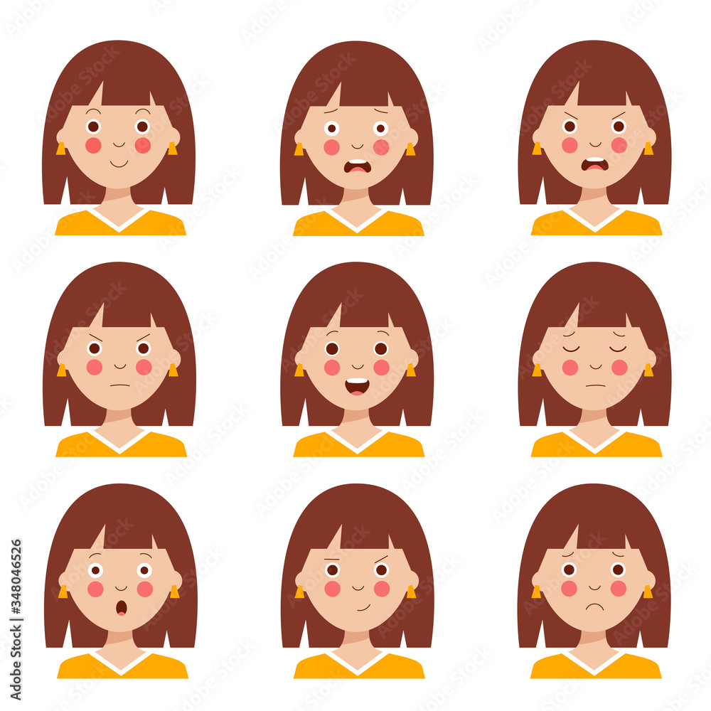 Set of various facial expressions of cute cartoon brown haired girl. Set of various facial expressions of cute cartoon brown haired girl.