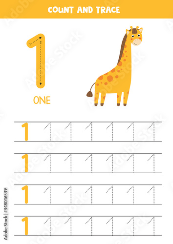 Worksheet for learning numbers with cute giraffe. Number 1.