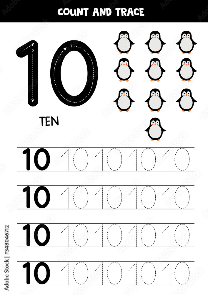 Worksheet for kids. Seven cute cartoon penguins. Tracing number 10 ...