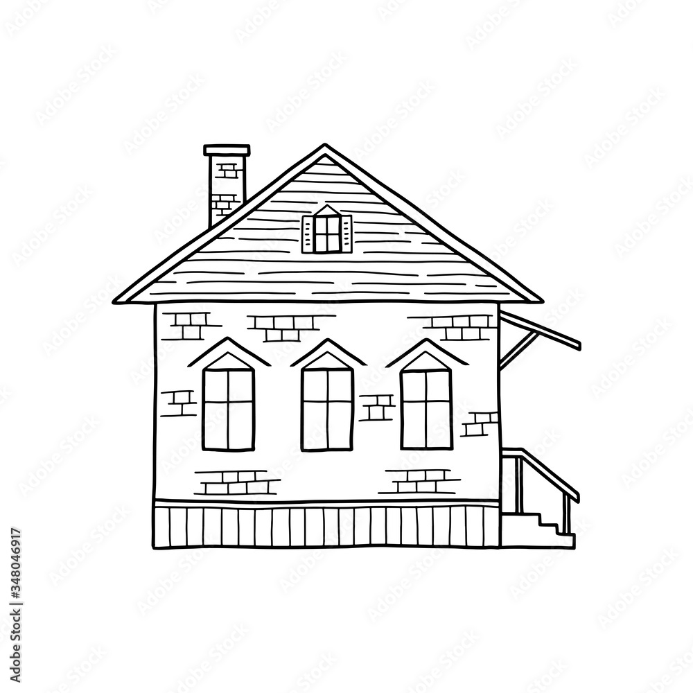 Vector illustration of a Doodle-style house isolated on a white background. One-story architecture. The concept of a house. Buying, selling and renting real estate. Outline.