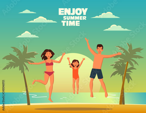 Happy family jumping on a sandy beach. Travel, vacation, holidays and adventure vector concept illustration. Beach sunset background. Poster design style. Father, mother and daughter
