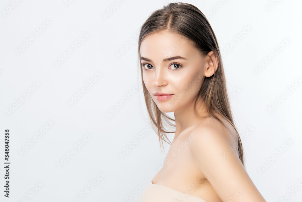 Beautiful Young Woman with Clean Fresh Healthy Skin, Facial treatment. Cosmetology, beauty and spa, isolated on white background Beautiful Young Woman with Clean Fresh Healthy Skin, Facial treatment. Cosmetology, beauty and spa, isolated on white background