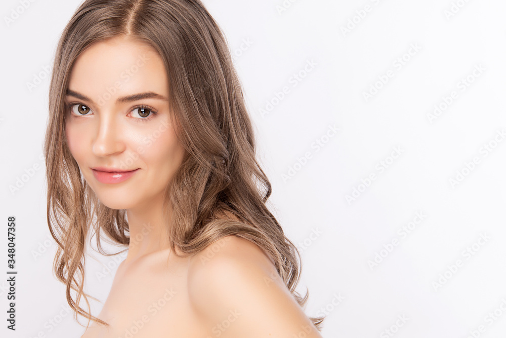 Fototapeta premium Beautiful Young Woman with Clean Fresh Healthy Skin, Facial treatment. Cosmetology, beauty and spa, isolated on white background