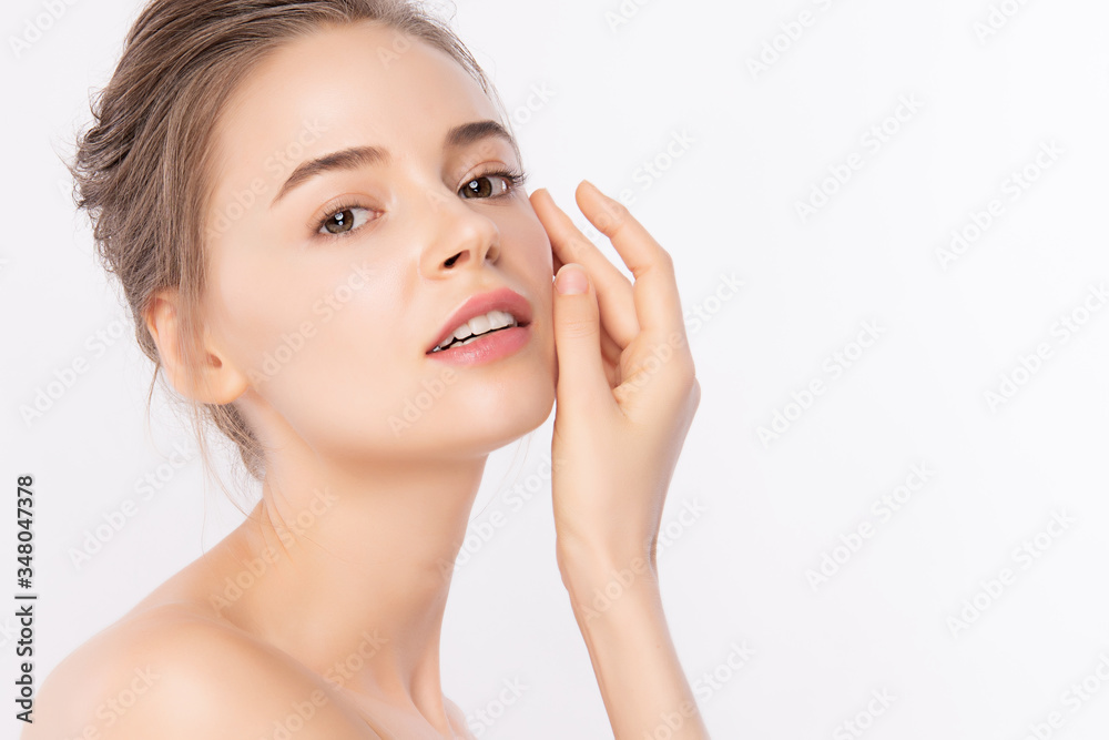 Beautiful Young Woman with Clean Fresh Healthy Skin, Facial treatment. Cosmetology, beauty and spa, isolated on white background Beautiful Young Woman with Clean Fresh Healthy Skin, Facial treatment. Cosmetology, beauty and spa, isolated on white background