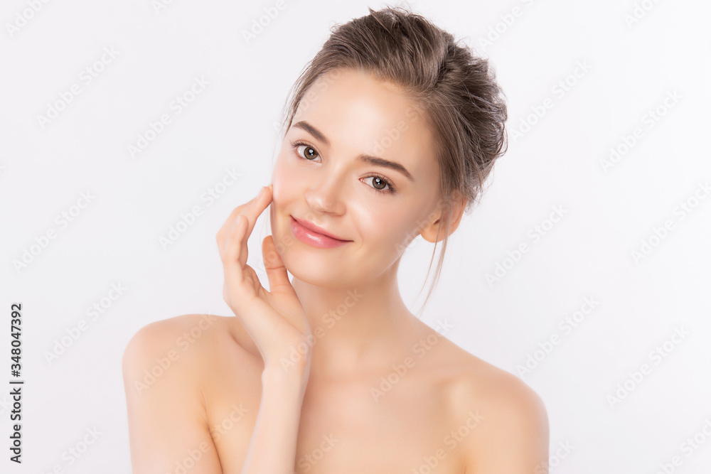 Beautiful Young Woman with Clean Fresh Healthy Skin, Facial treatment. Cosmetology, beauty and spa, isolated on white background Beautiful Young Woman with Clean Fresh Healthy Skin, Facial treatment. Cosmetology, beauty and spa, isolated on white background