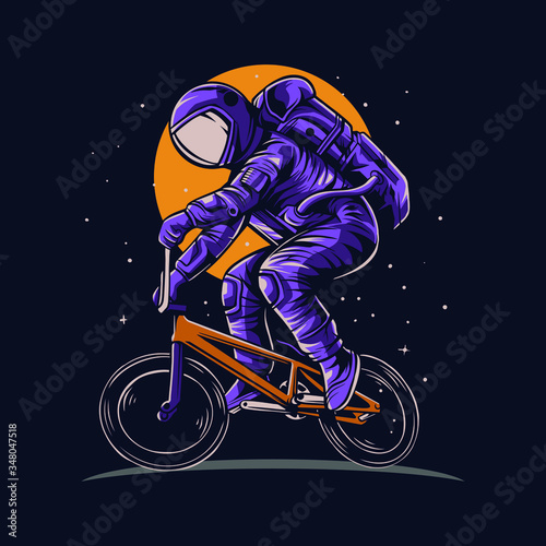 astronaut riding bmx bike on space with moon background vector illustration design