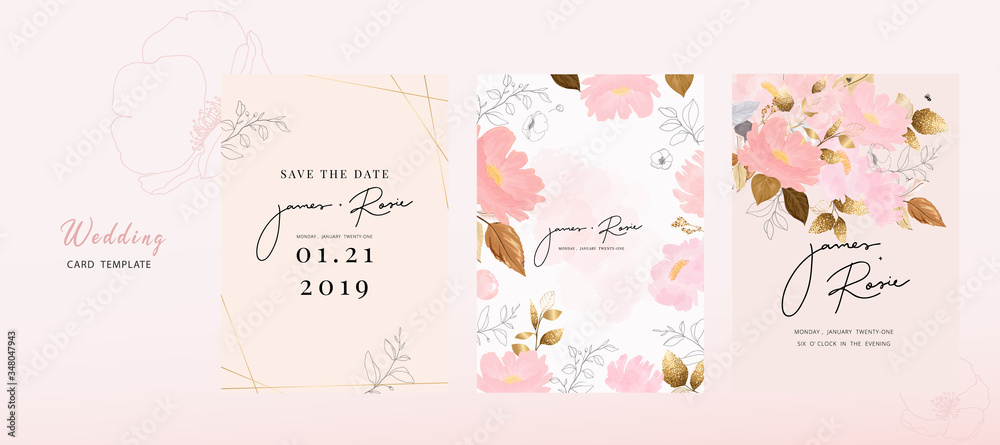 Pink Luxury Wedding Invitation, floral invite thank you, rsvp modern card Design in gold flower with  leaf greenery  branches decorative Vector elegant rustic template
