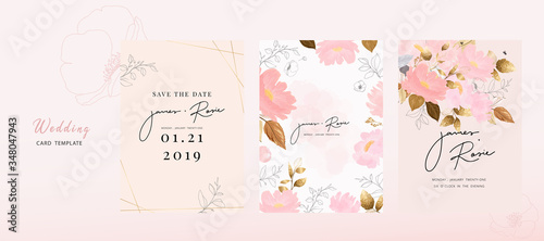 Pink Luxury Wedding Invitation, floral invite thank you, rsvp modern card Design in gold flower with  leaf greenery  branches decorative Vector elegant rustic template
