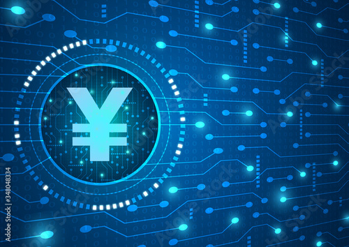 Chinese Yuan digital currency and digital coding blue background. Technology digital code super computer technology future concept.