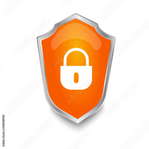 Shield with a lock as a sign of security. Vector image of internet security. Closed padlock as data privacy. Firewall and antivirus logo. Stock Photo.