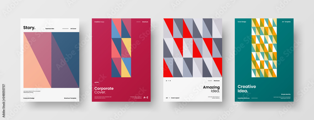 Company identity brochure template collection. Business presentation vector A4 vertical orientation front page mock up set. Corporate report cover abstract geometric illustration design layout bundle.