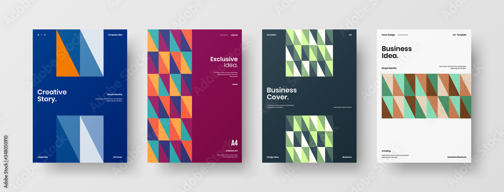 Company identity brochure template collection. Business presentation vector A4 vertical orientation front page mock up set. Corporate report cover abstract geometric illustration design layout bundle.