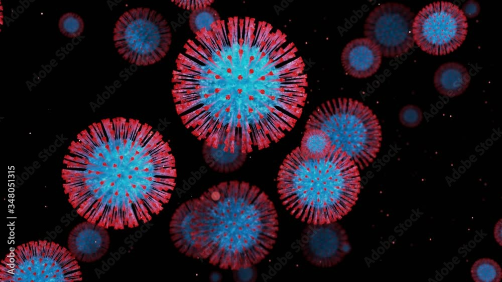 close-up coronavirus type covid-19, h1n1, bird flu or swine flu move smoothly in fluid 3d representation of virus as microbiological microscopic looped background. Red blue gradient 3