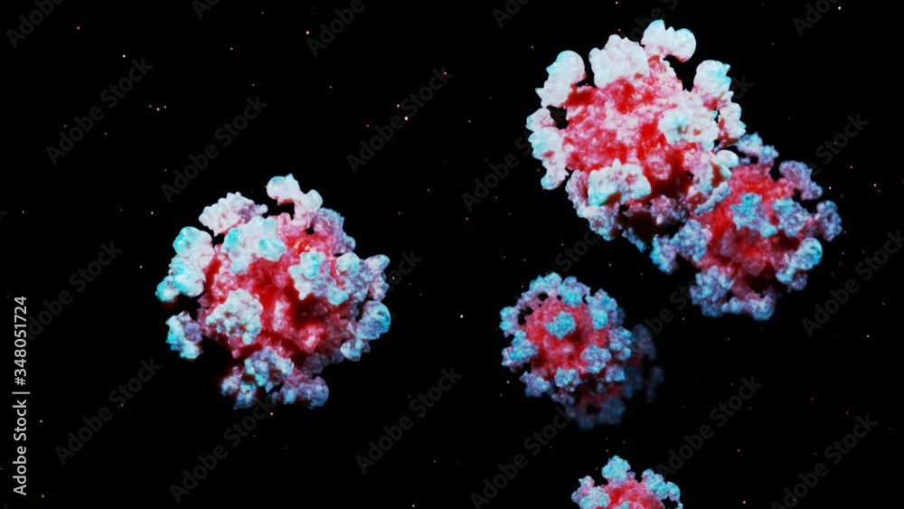 close-up coronavirus type covid-19, h1n1, bird flu or swine flu move smoothly in fluid 3d representation of virus as microbiological microscopic looped background. Red blue gradient 8