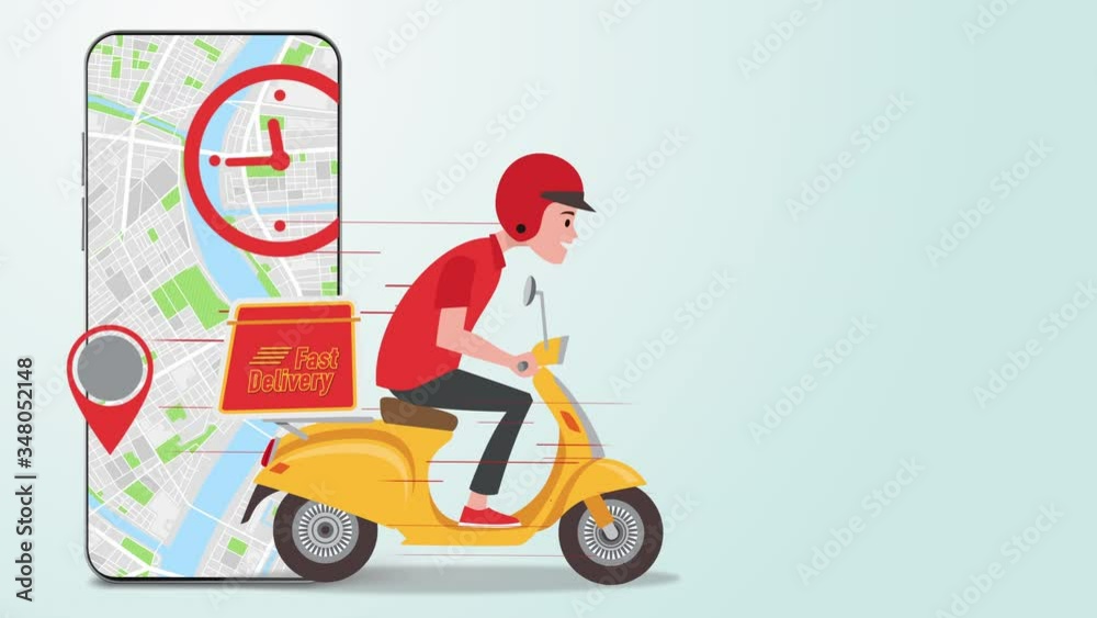Fast delivery courier boy delivering parcel on retro scooter with trunk case box. Delivery man riding on scooter, beside phone tracking a map. Tracking parcel delivery by phone. Fast delivery courier boy delivering parcel on retro scooter with trunk case box. Delivery man riding on scooter, beside phone tracking a map. Tracking parcel delivery by phone.