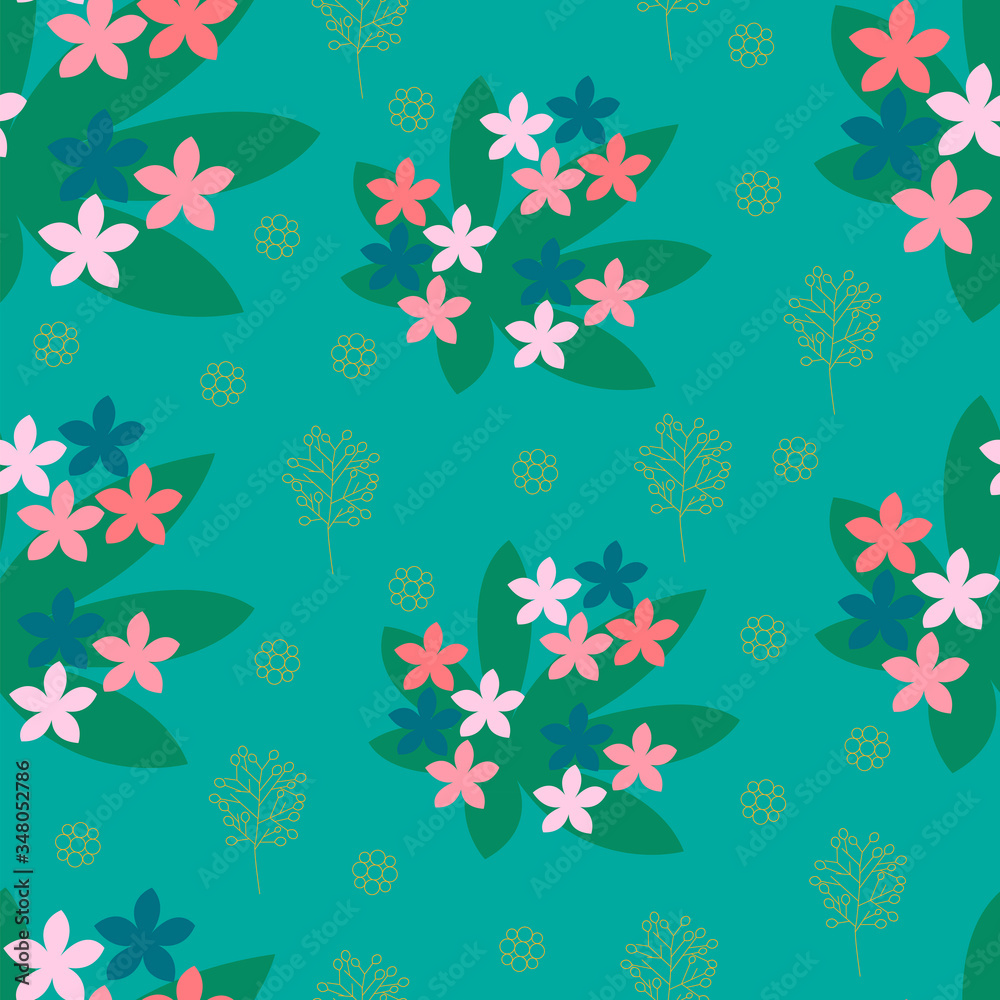 Seamless pattern with small flowers on a green background. For wrapping paper, textiles, wall paper, pillow prints, bedding, clothing, kitchen supplies, postcards and invitations