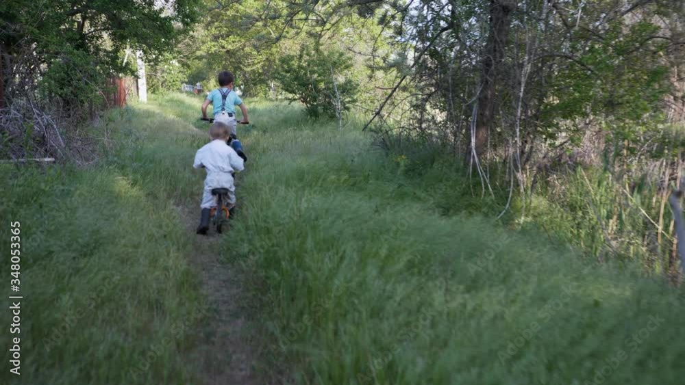 active games, cheerful kids brothers together will have fun ride a bike green path in outdoor in countryside active games, cheerful kids brothers together will have fun ride a bike green path in outdoor in countryside