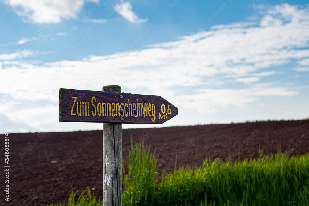 wooden sign and green grass on blue sky wooden sign and green grass on blue sky