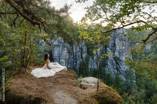 the bride with a big dress sits on top of the mountain