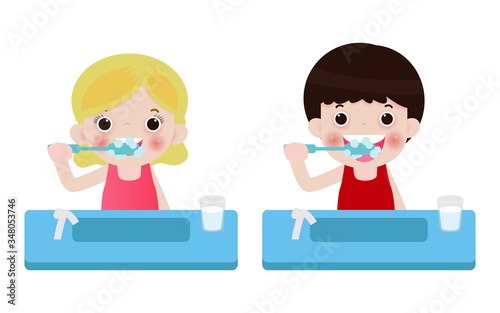 Little boy and girl brushing teeth, Happy Kids Holding Toothbrush  Brushing their Teeth. Vector Illustration on white background