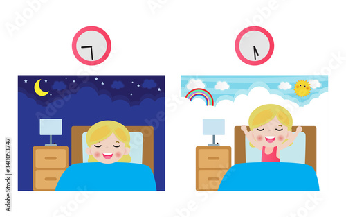 Little children sleeping on tonight dreams, good night and sweet dreams. he wake up in the morning. Kid Sleeping And Waking Up Vector Illustration on background