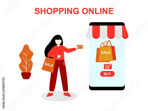 Flat design cartoon character women shopping online store, technology online shopping in mobile phone application network, Digital marketing Concept, purchase on smartphone payment internet service