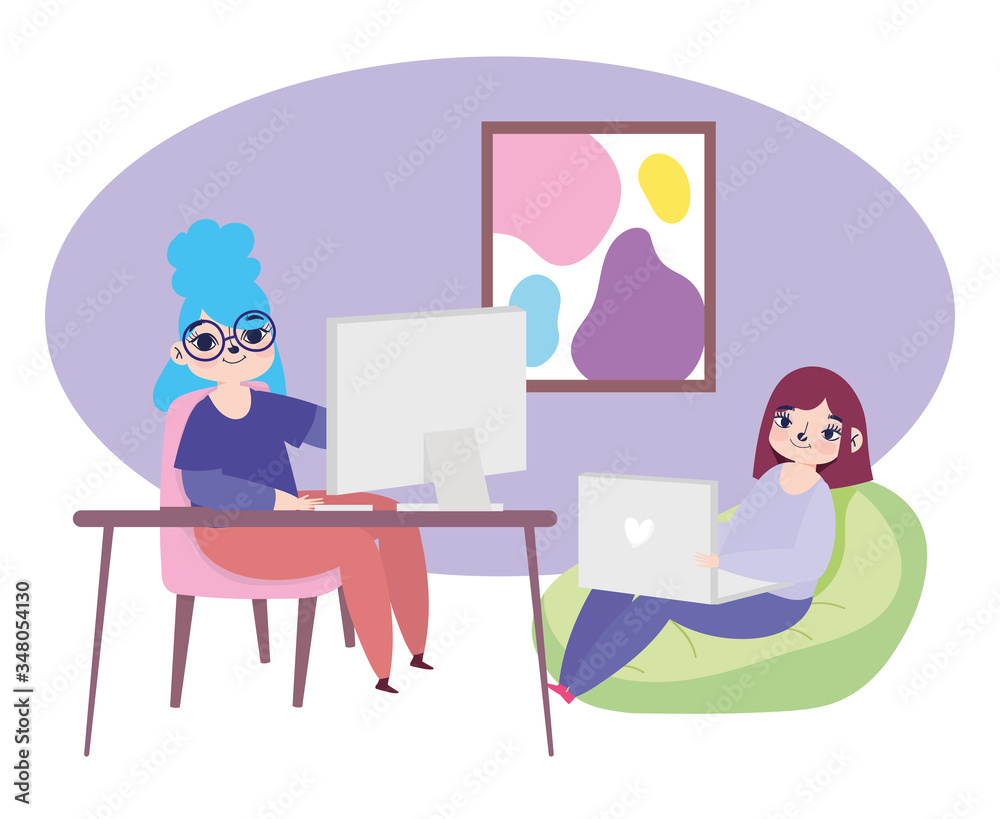 working remotely, young women with laptop and computer desk work working remotely, young women with laptop and computer desk work