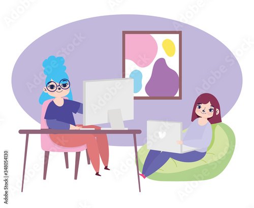working remotely, young women with laptop and computer desk work
