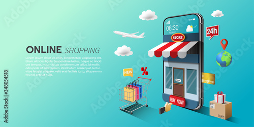 Online shopping concept, digital marketing on website and mobile application, the storefront on a smartphone screen, open 24 hours and offer home delivery service.
