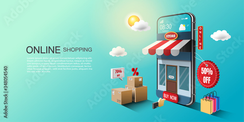Online shopping concept, digital marketing on website and mobile application, the storefront on a smartphone screen, open 24 hours and offer home delivery service.