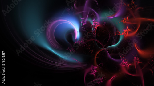 Abstract colorful blue and red glowing shapes. Fantasy light background. Digital fractal art. 3d rendering.