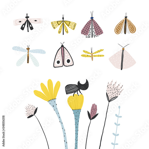 Cute vector set of butterflies, flowers. Doole style. Ideal for childs decoration.