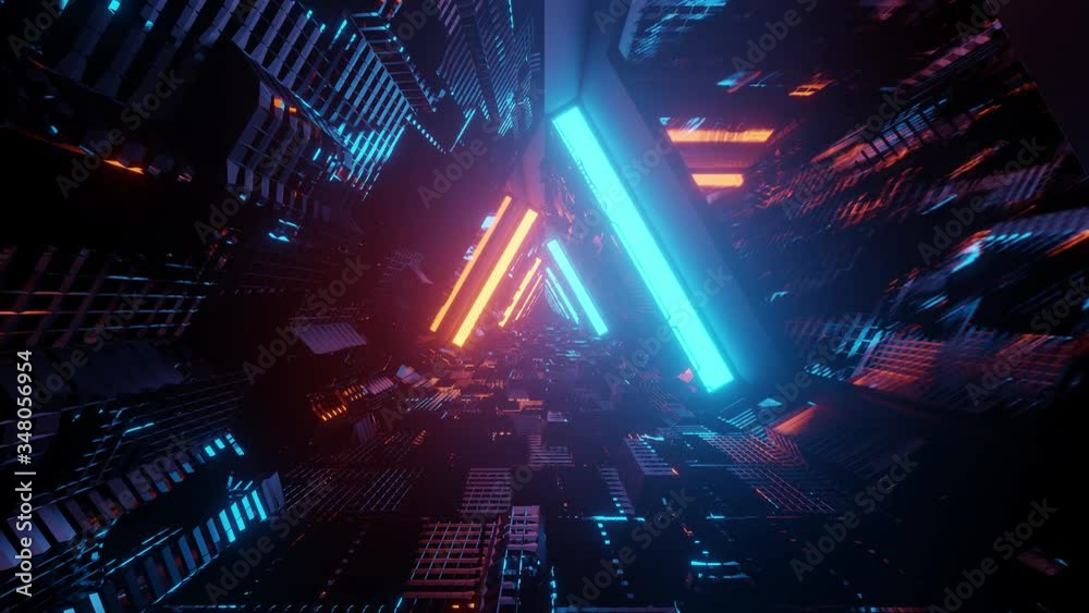 Computerized motion graphics of immersing into highly reflective and colorful futuristic triangle space tunnel. VFX, background, VJ loops.