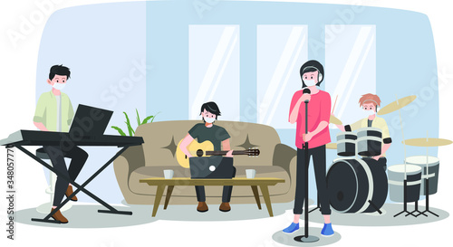 Group band playing instruments together at home