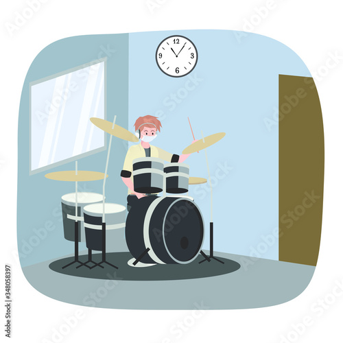 Drummer is playing his drum at home