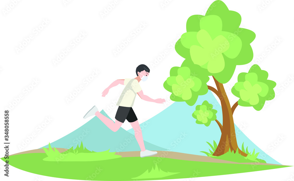 A man running alone outside while using medical mask