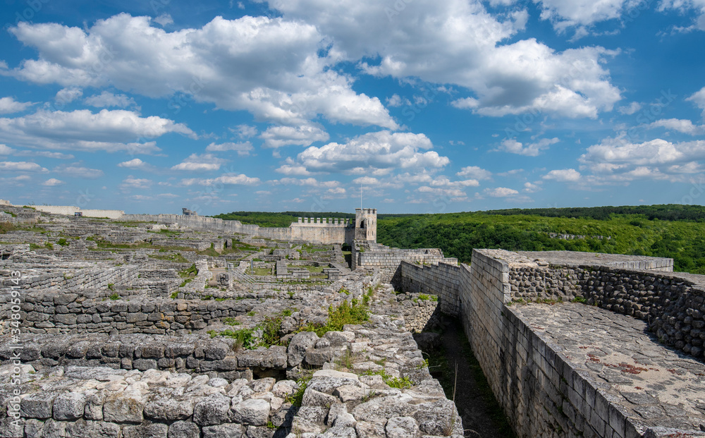 The ruins and partially reconstructed walls of the ancient Shumen fortress, Bulgaria