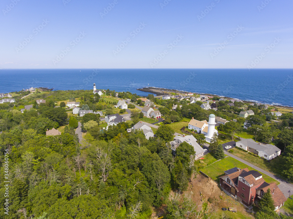 Aerial view of Cape Elizabeth Lights, also known as Two Lights, at the south end of Casco Bay in town of Cape Elizabeth, Maine ME, USA. 