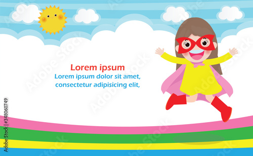 Superhero kid on background,Template for advertising brochure,your text ,Cute little Superhero Children's, Kids and frame,child and frame,Vector Illustration