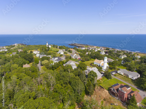 Aerial view of Cape Elizabeth Lights, also known as Two Lights, at the south end of Casco Bay in town of Cape Elizabeth, Maine ME, USA. 
