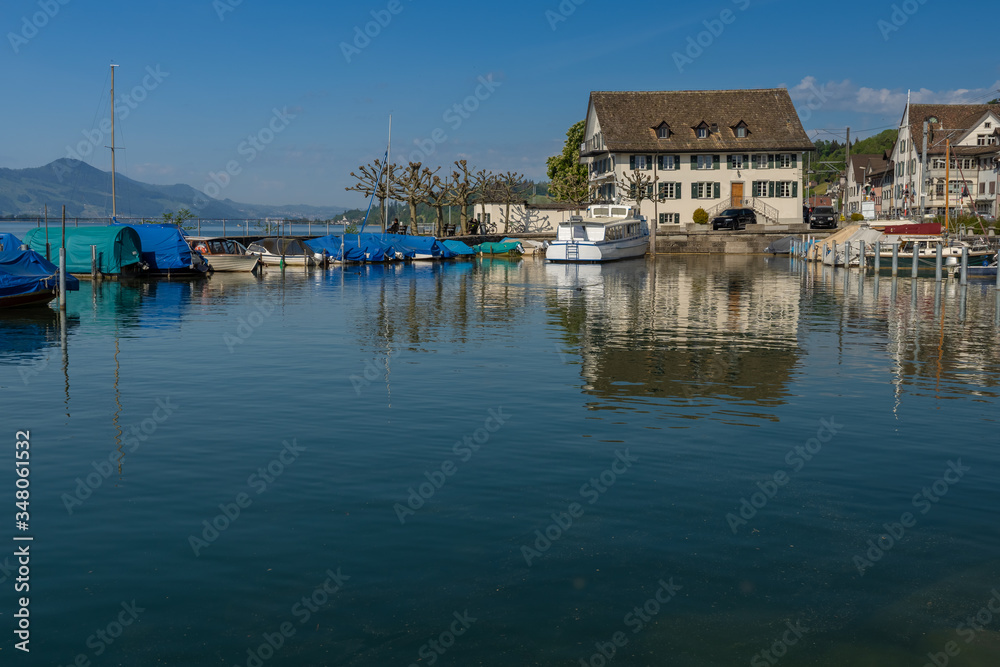 Schmerikon, located at the head of the Upper Lake Zurich (Obersee) where the Linth river enters the lake. St. Gallen, Switzerland