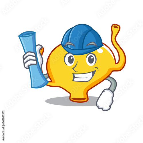 Cartoon character of bladder brainy Architect with blue prints and blue helmet