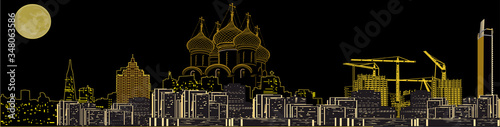 cathedral outline in modern city at night