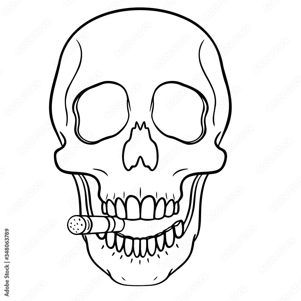 hand drawn outline skull with cigar in the corner of the mouth. monochrome comic drawing. hand drawn outline skull with cigar in the corner of the mouth. monochrome comic drawing.