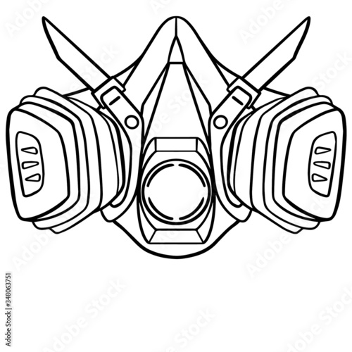 monochrome outline drawing of a gas mask from the front with two filters for placement. comic vector illustration isolated on white.