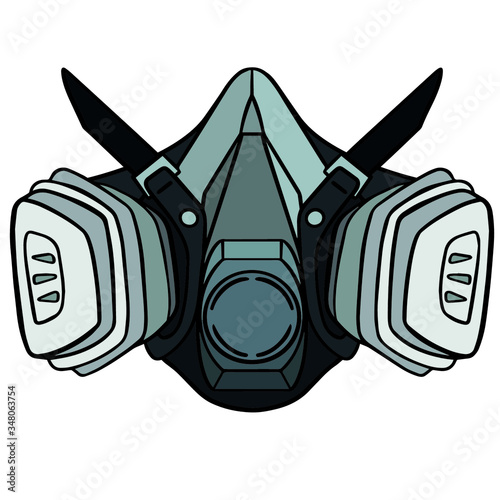 gray gas mask from the front with two filters to place. comic vector illustration isolated on white.