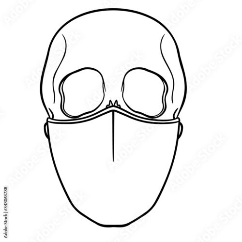 outline drawing of a skull with a mouth guard. monochrome, comic, illustration.